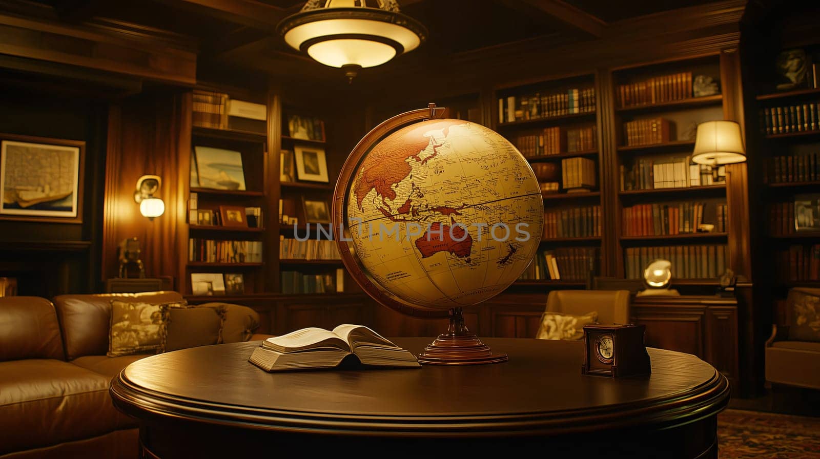 Antique globe is the centerpiece of a classic luxury home library with bookshelves and a leather sofa
