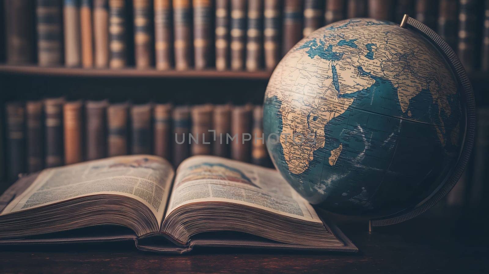 Vintage globe is sitting near an open book on a desk in a library, suggesting a quest for knowledge and exploration