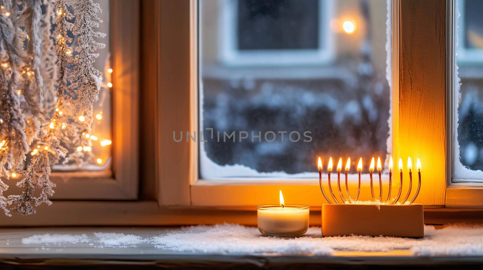 Hanukkah menorah with seven candles burning brightly sits on a snowy window sill with a single white candle next to it