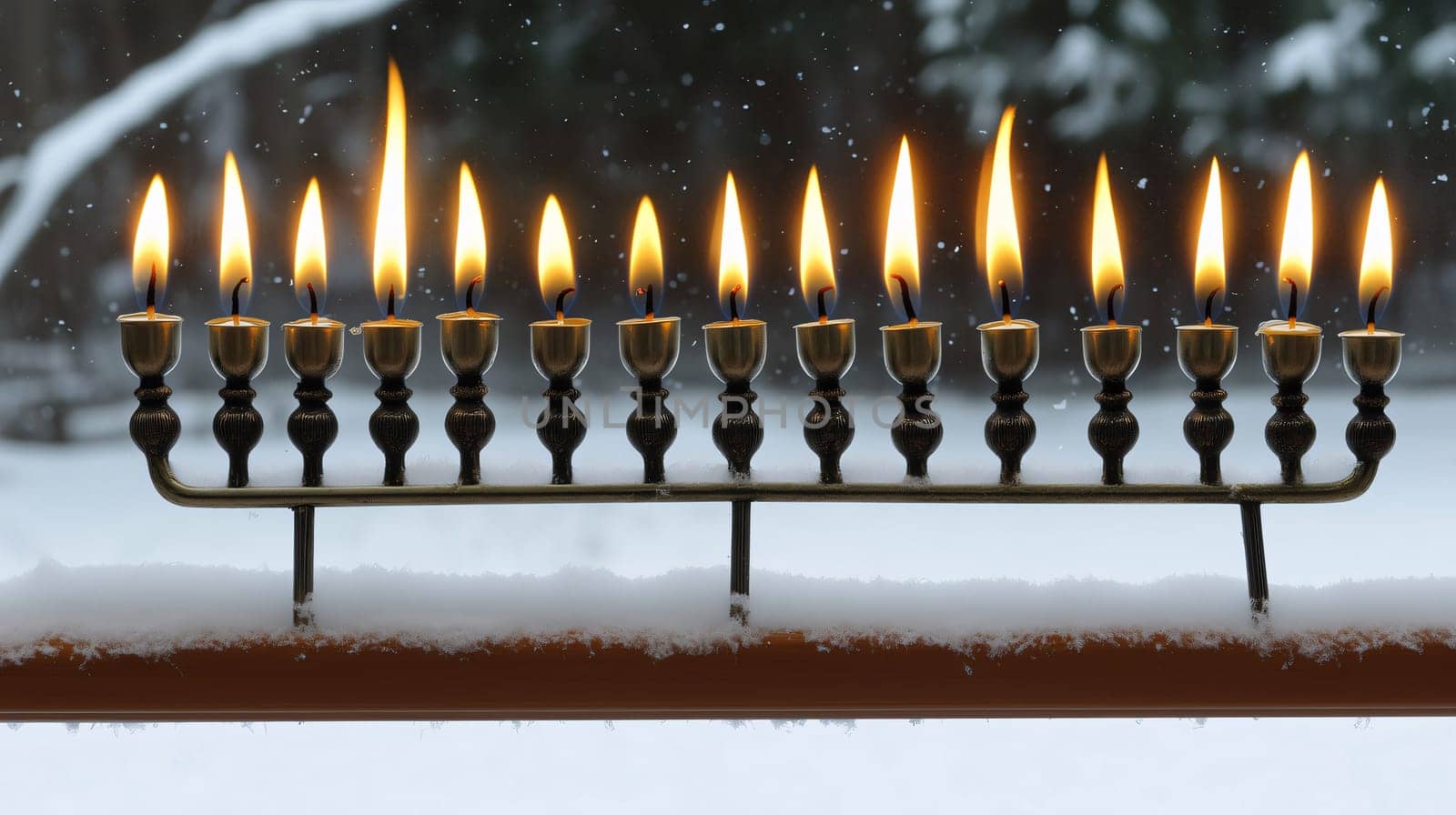 Menorah with all nine candles lit is standing on a snowy windowsill, with a snowy background visible through the window