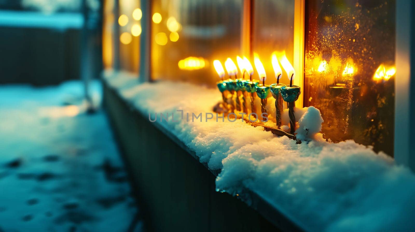 Menorah with burning candles is standing on window covered with snow during hanukkah holiday celebration at night