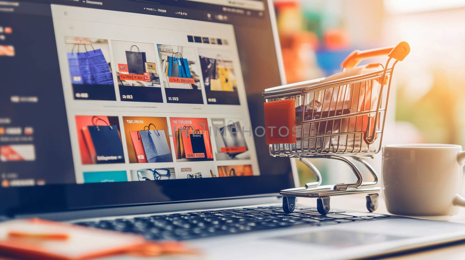 Shopping cart filled with credit cards is standing on a laptop displaying an online shop