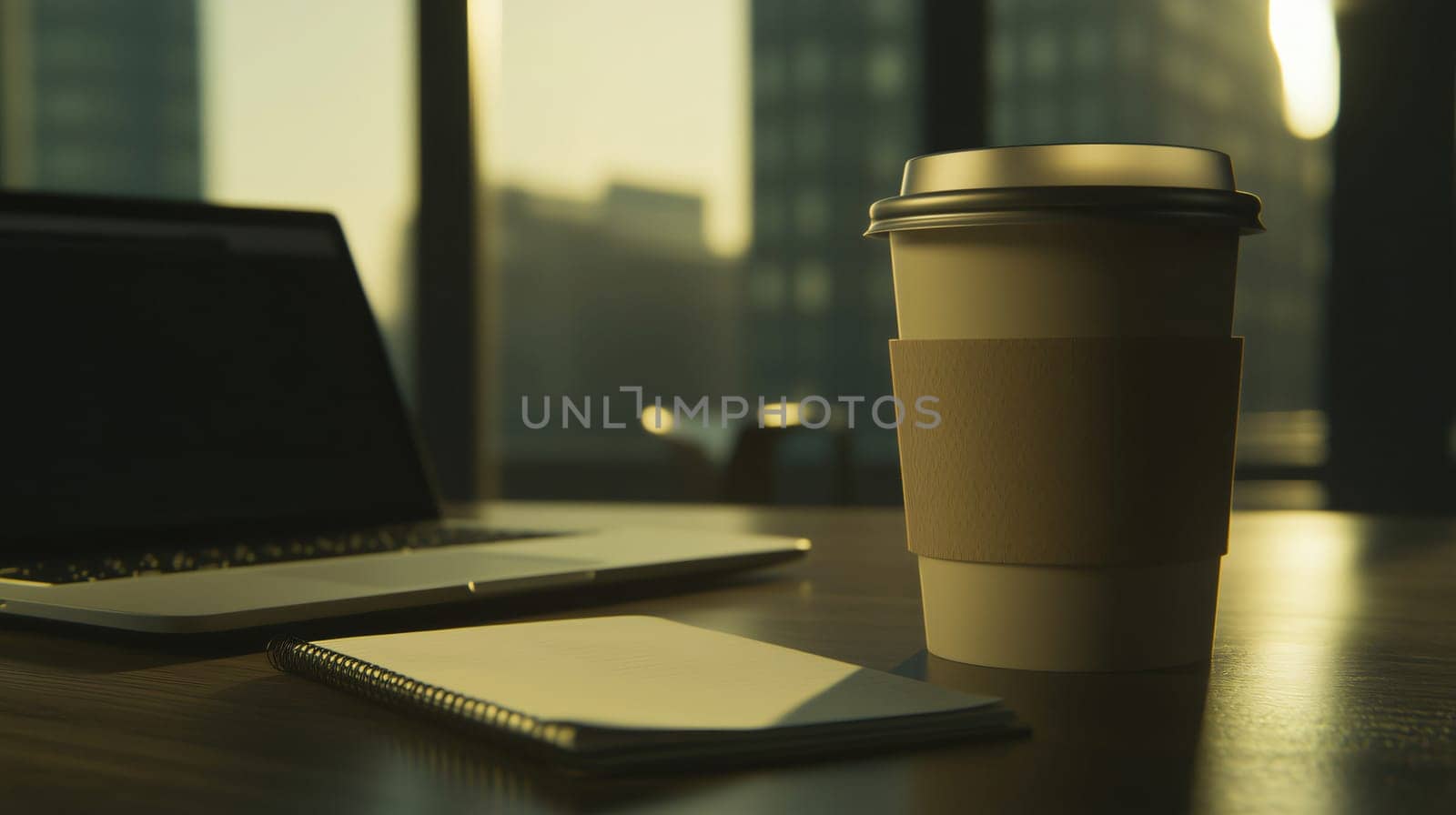 Disposable coffee cup is standing on a desk alongside a laptop and a notebook with the sunset in the background