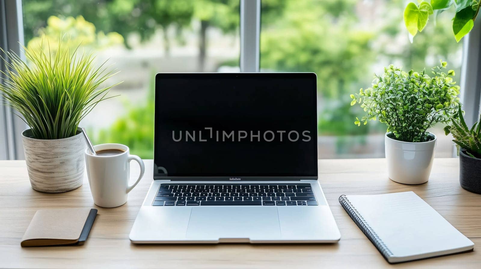 Clean and organized workspace is shown with a laptop, notebook, and coffee cup, perfect for remote work or studying
