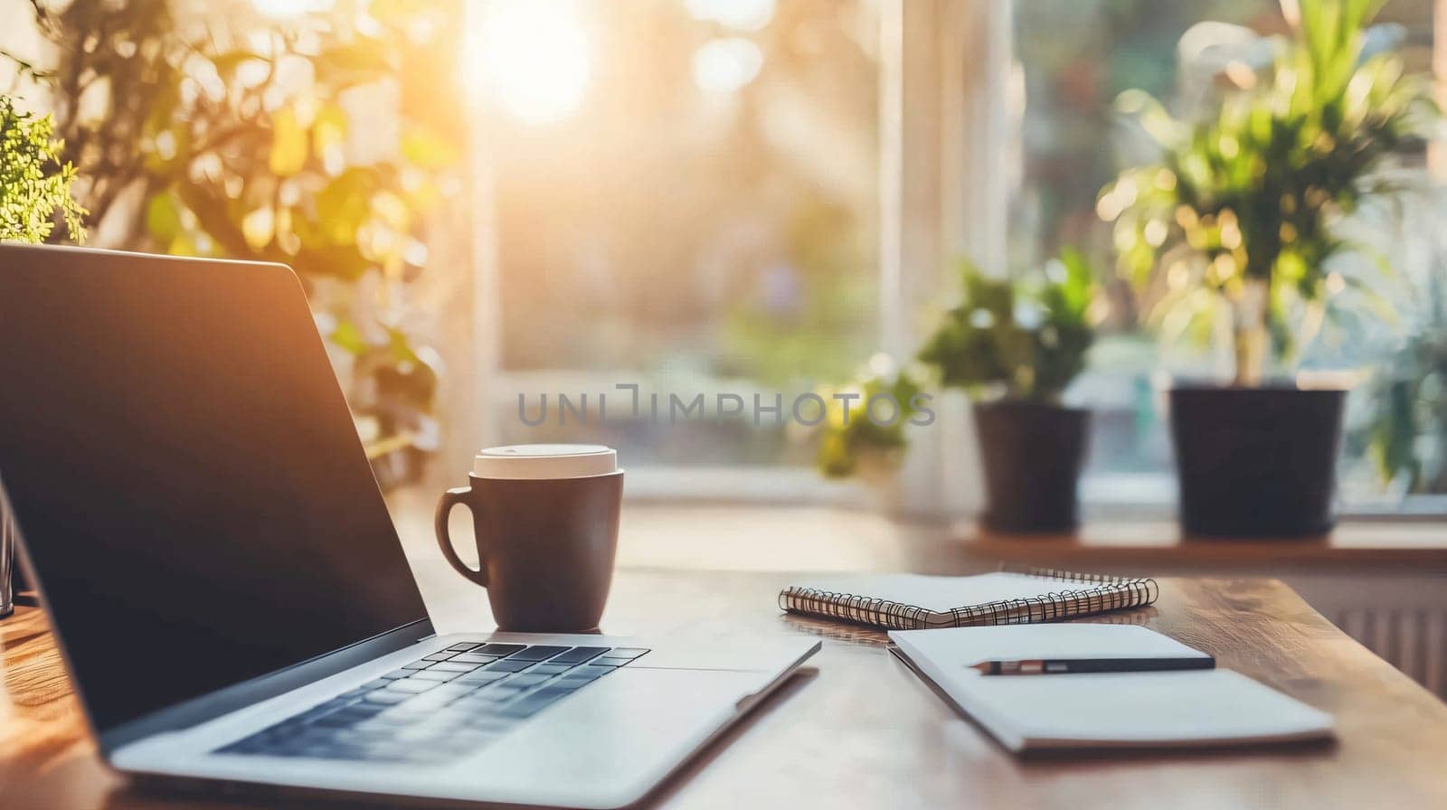 Home office desk workspace is bathed in the warm glow of the morning sun with a laptop, coffee, and notebook