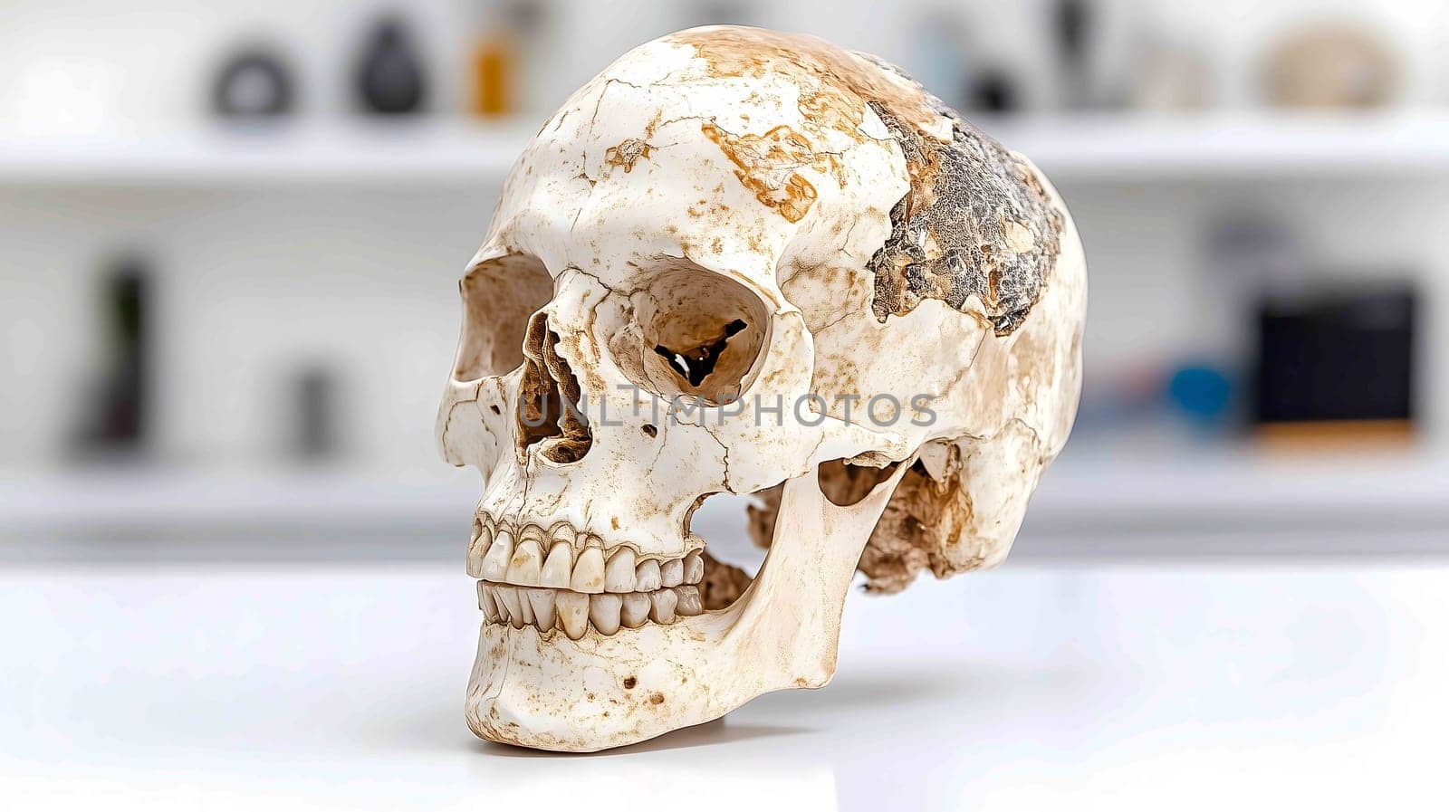 Human skull sits on a table in a bright laboratory, possibly for scientific research or medical study