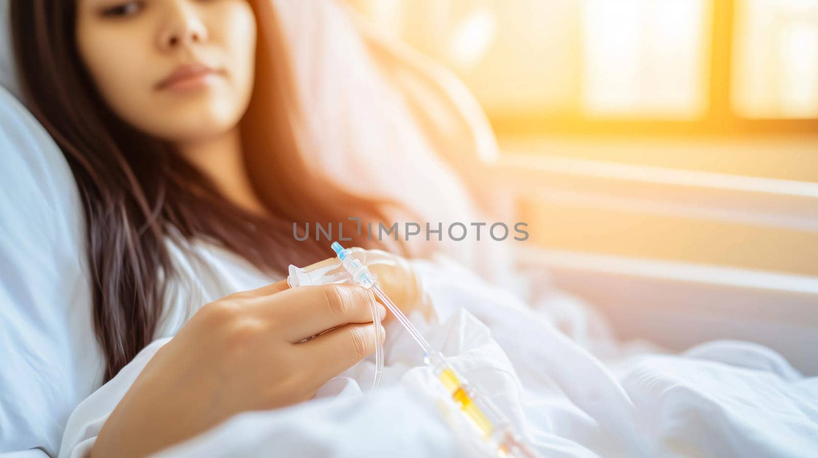 Young patient is lying in a hospital bed, holding a saline solution bag, with a serious expression
