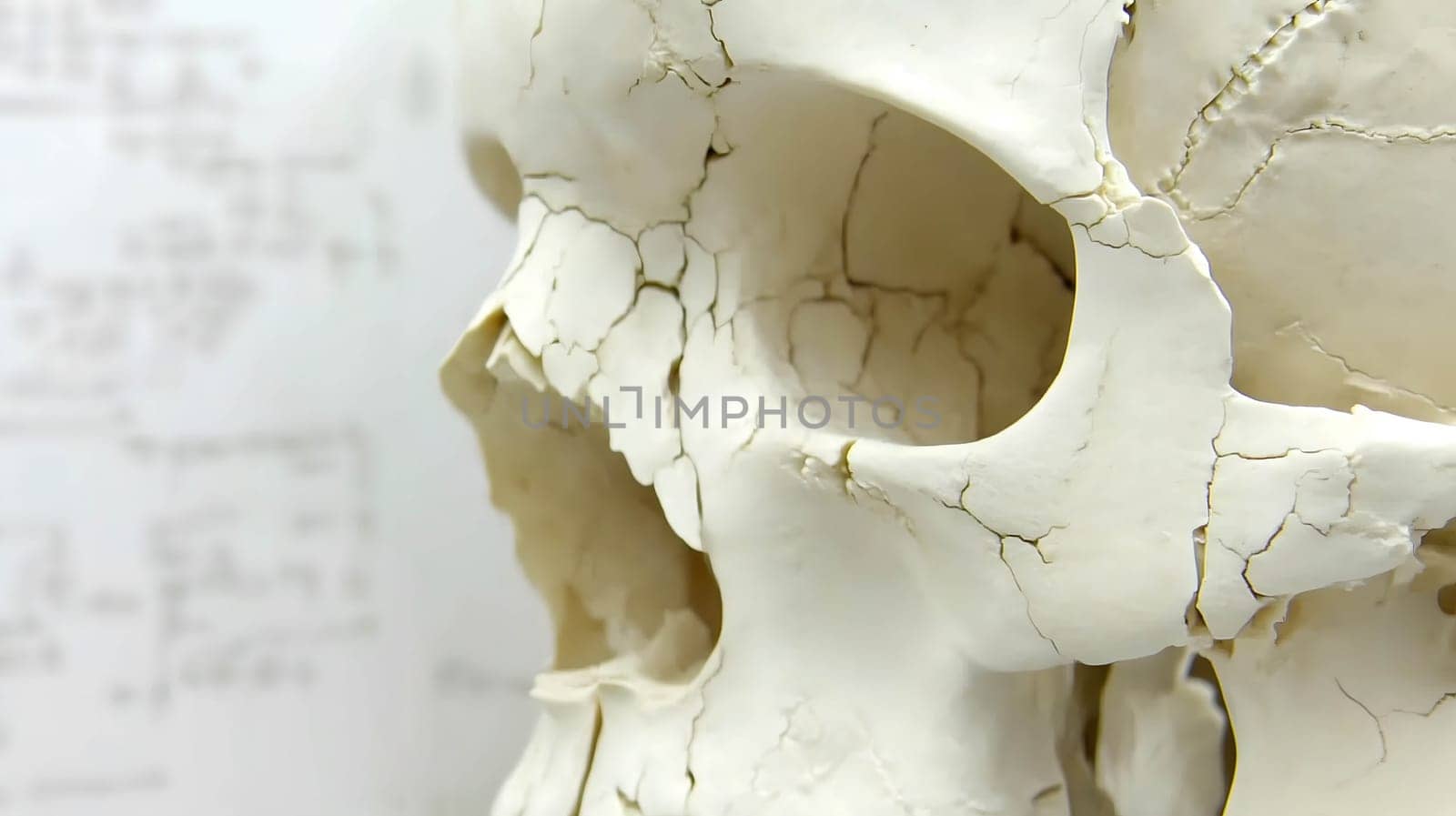 Close-up of a human skull model, showing the intricate details of the bones and teeth