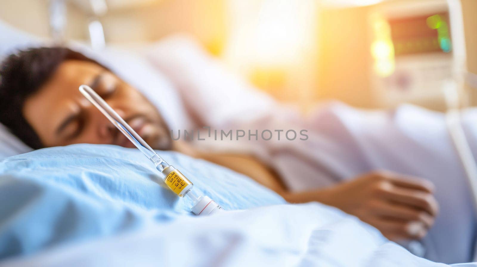 Sick patient is lying in a hospital bed with an iv drip