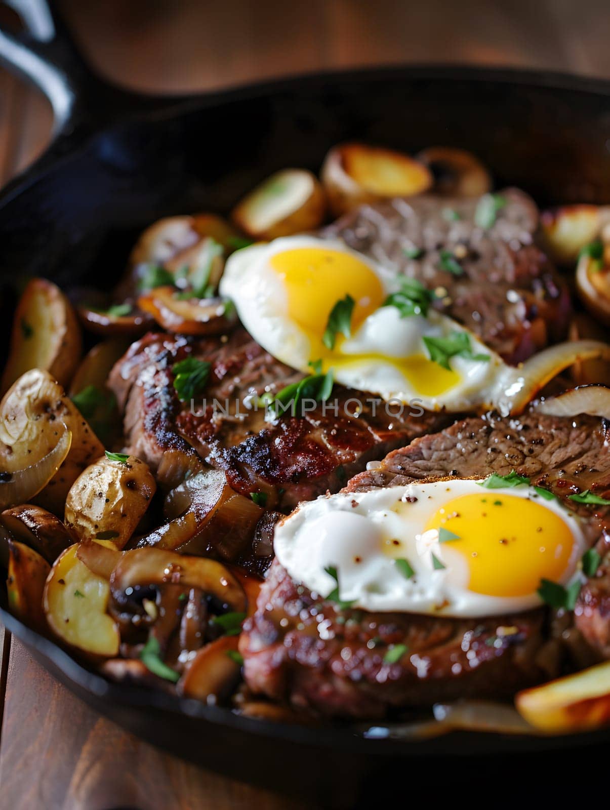 Hearty breakfast with steak, sunny-side-up eggs, potatoes, mushrooms in a skillet