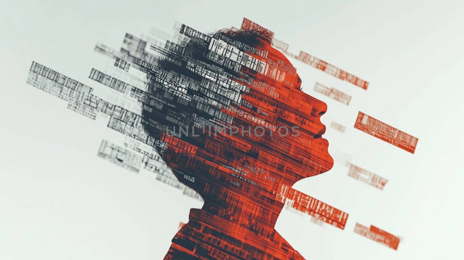 Woman with a thoughtful expression as code and data stream from her head in a conceptual image about technology and the human mind