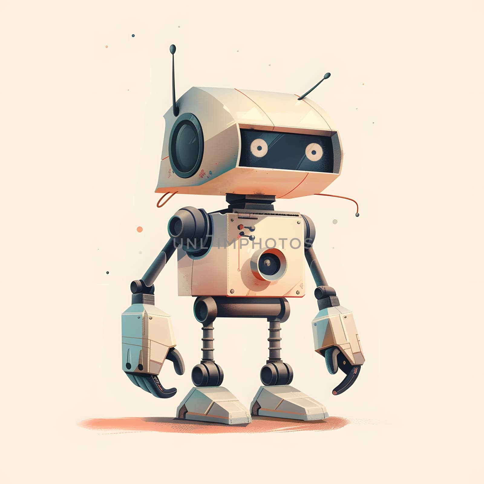 A fictional robot character with antennas on its head is depicted in a machine art style on a white background
