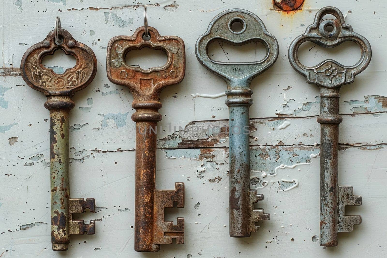 Collection of five vintage metal keys in assorted shapes and sizes, showcasing a rustic texture on a whitewashed wooden background.