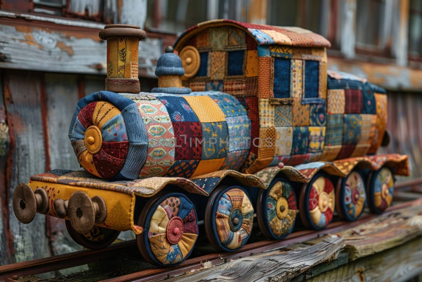 Handmade patchwork toy train with colorful fabrics and cotton stuffing on a wooden table with warm blurred background.
