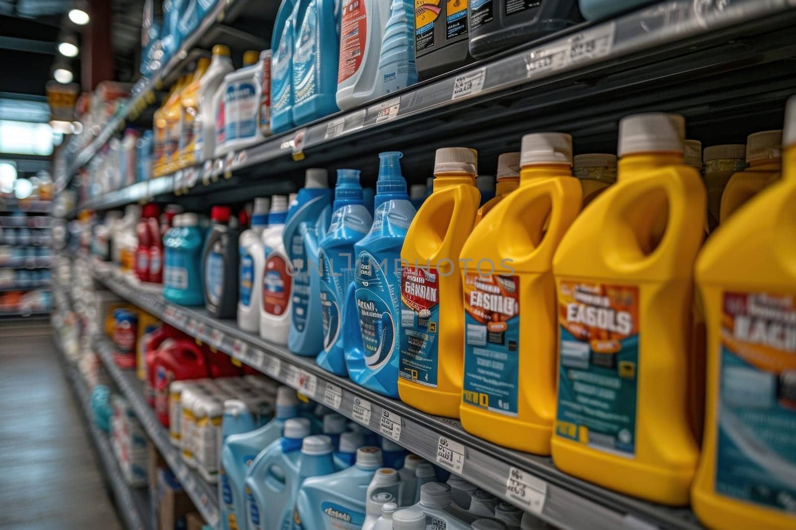 Colorful plastic bottles and containers of various sizes neatly arranged on store shelves, ready for purchase by customers