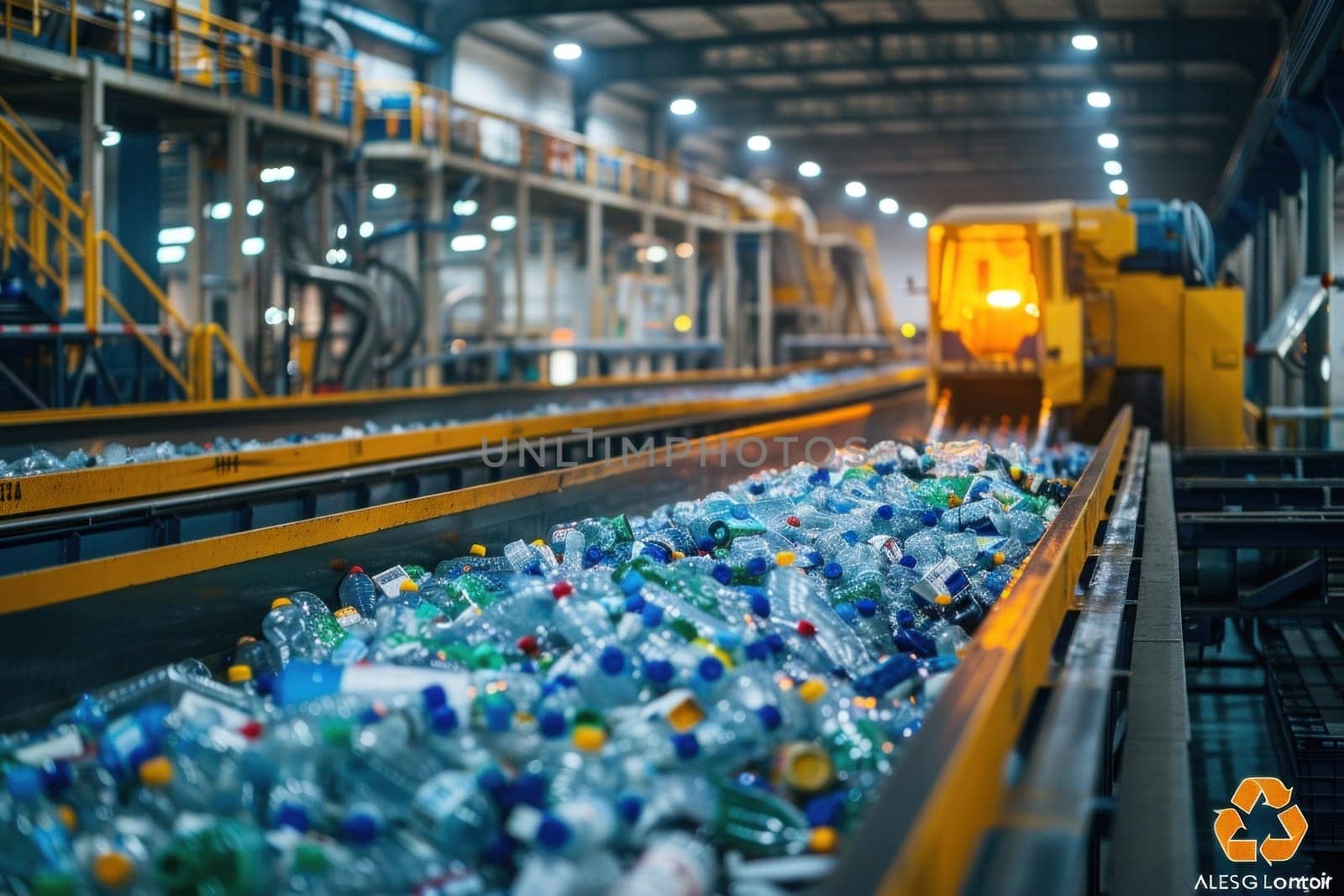 Industrial conveyor belt with plastic bottles for recycling at a facility, showing the sorting and recycling process.
