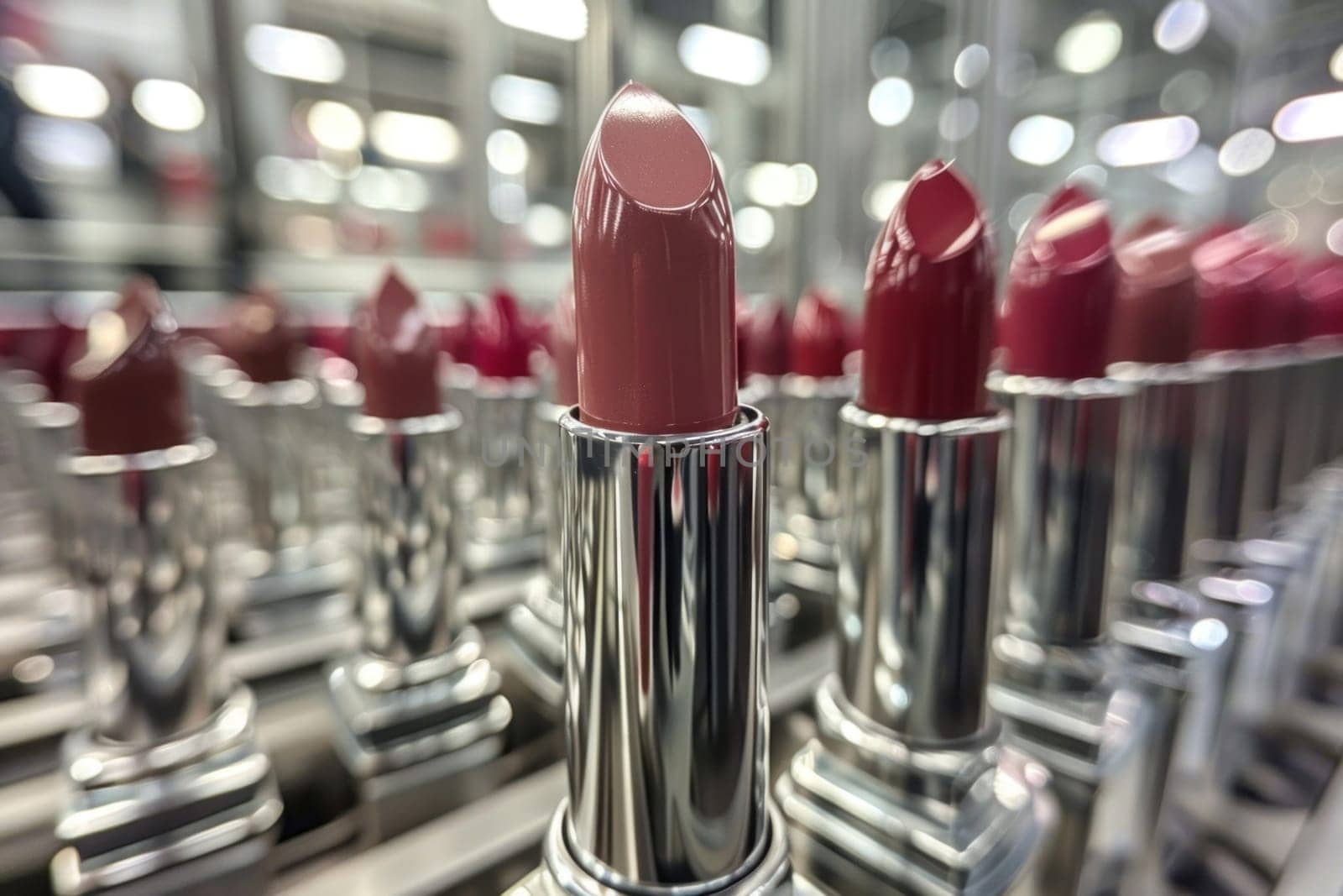A colorful display of lipsticks in shades of pink and red on a store shelf, offering a variety of hues and finishes for every makeup lover.
