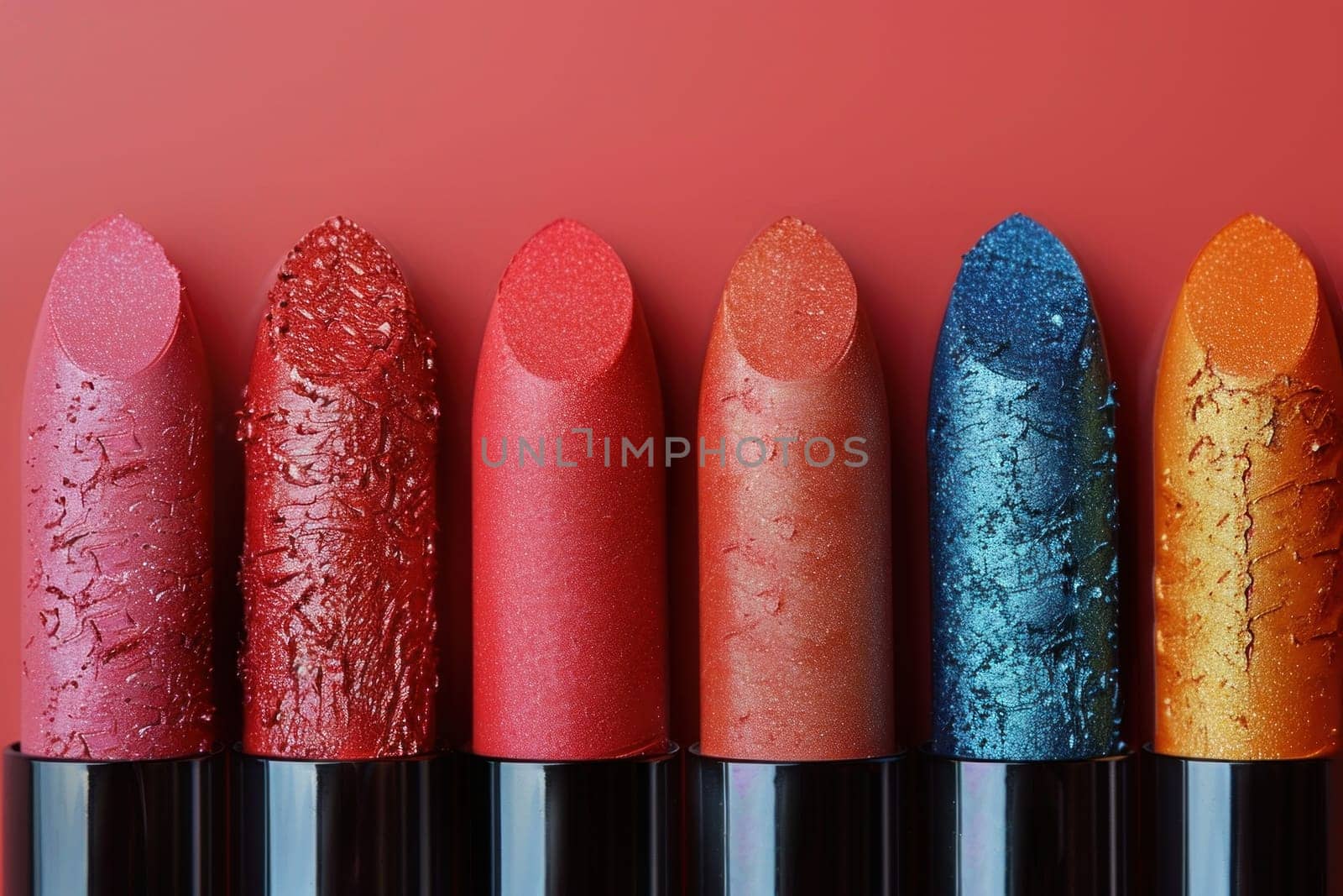 A stunning arrangement of six lipsticks in an array of colors displayed elegantly on a vivid red backdrop, ideal for makeup and beauty themes.
