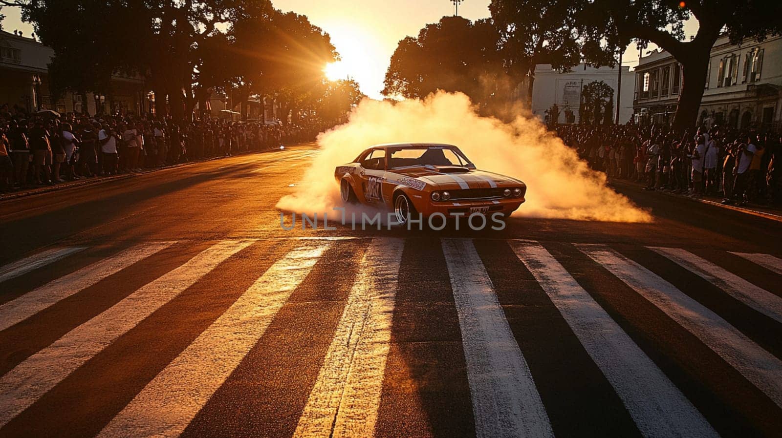 Powerful sports cars race through city streets at sunset, leaving a trail of smoke, thrilling spectators with high speed action