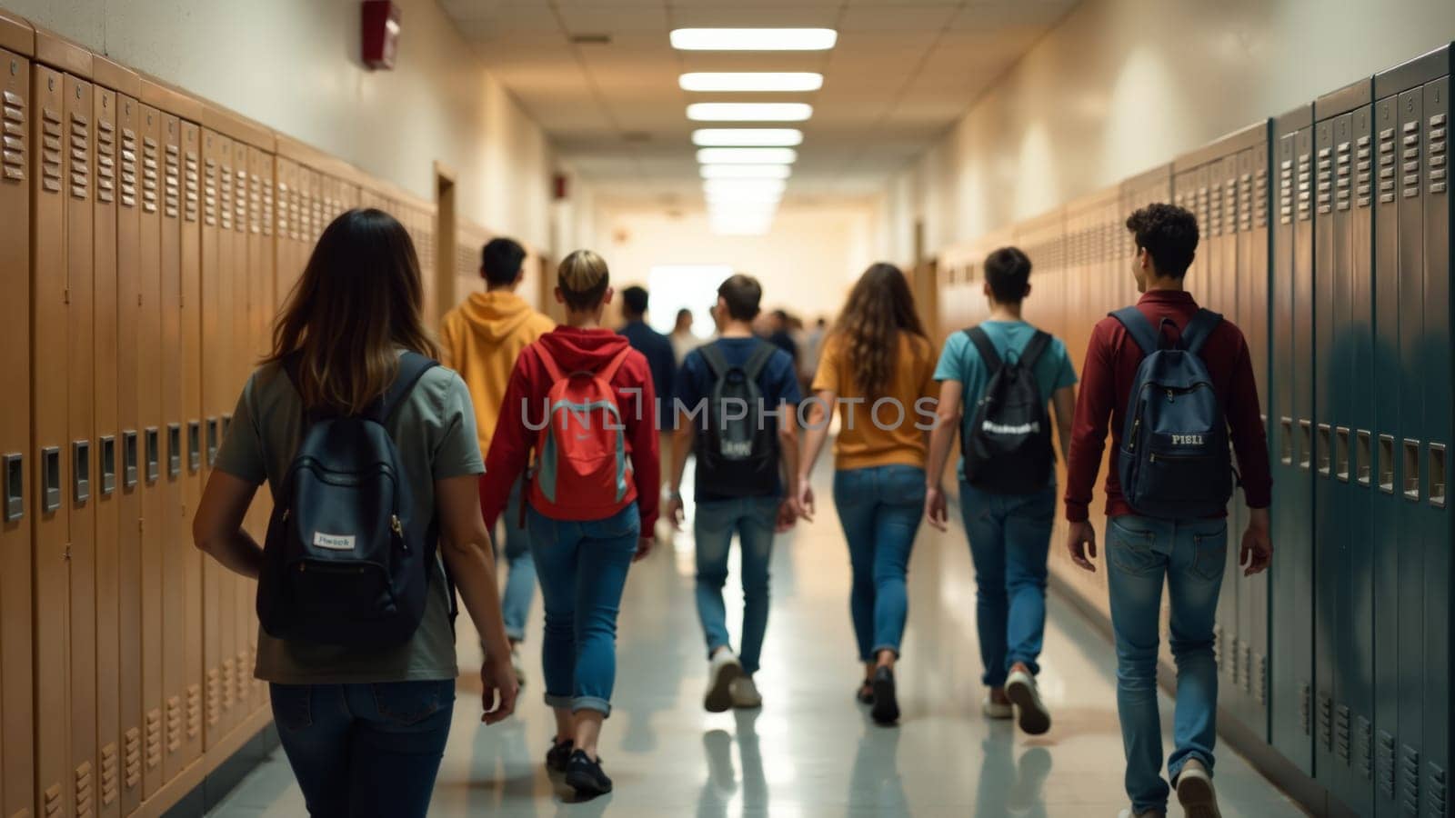 A group of students strolls down a vibrant school corridor, each carrying backpacks and chatting, capturing the essence of youthful energy and learning in a modern educational environment.
