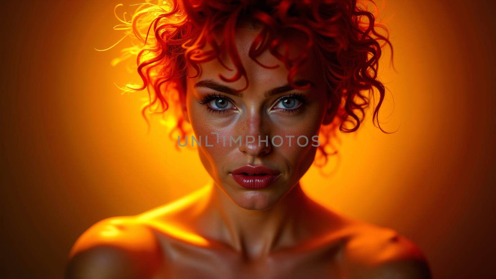 A captivating woman with vibrant red curls gazes intensely, her striking features illuminated by a warm golden glow. The artistic lighting enhances her unique beauty, creating an alluring atmosphere.
