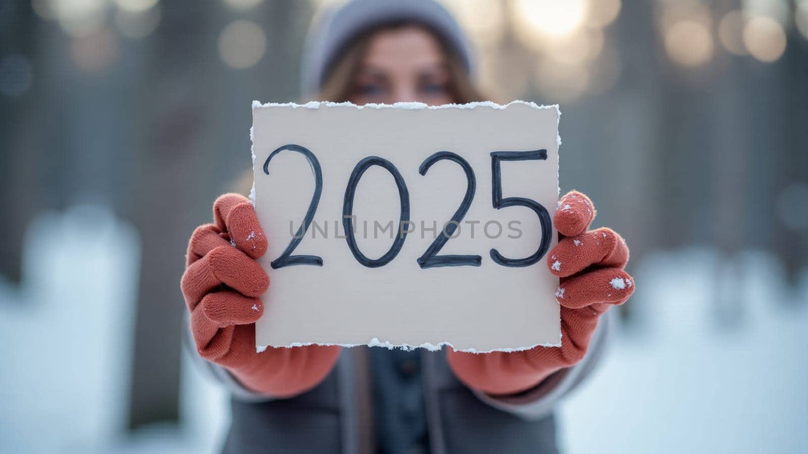 Amidst a tranquil winter landscape, a person dressed warmly holds up a handmade sign, showing the year 2025 against a backdrop of snow-covered trees and soft sunlight filtering through.
