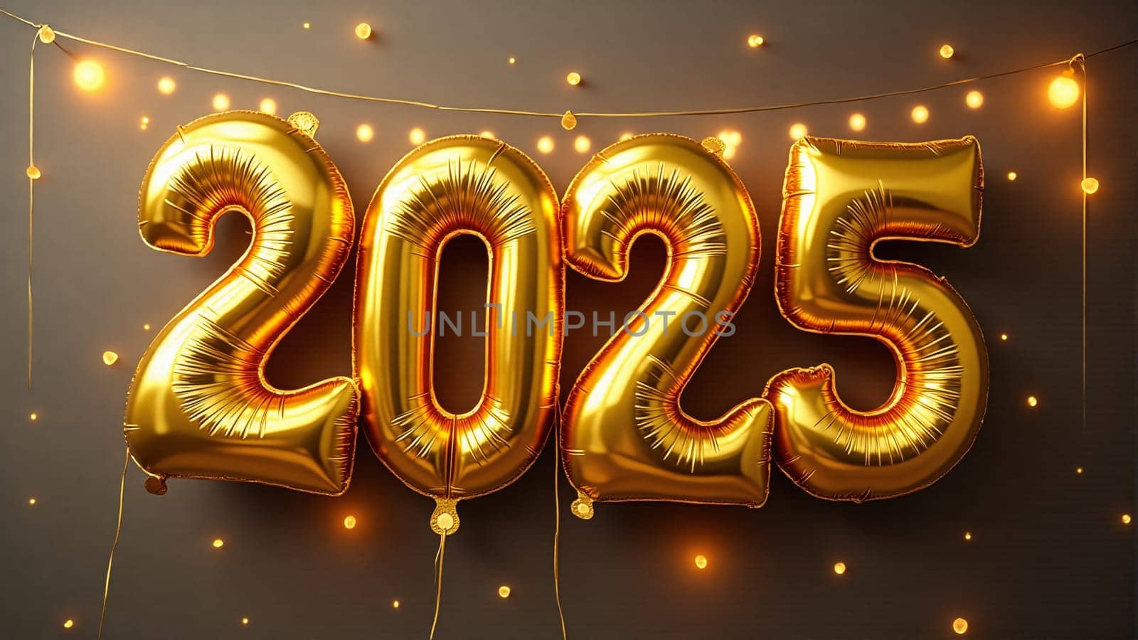 Gleaming golden balloons display the year 2025, bringing a festive atmosphere to the room as people prepare for celebrations and new beginnings with friends and family.