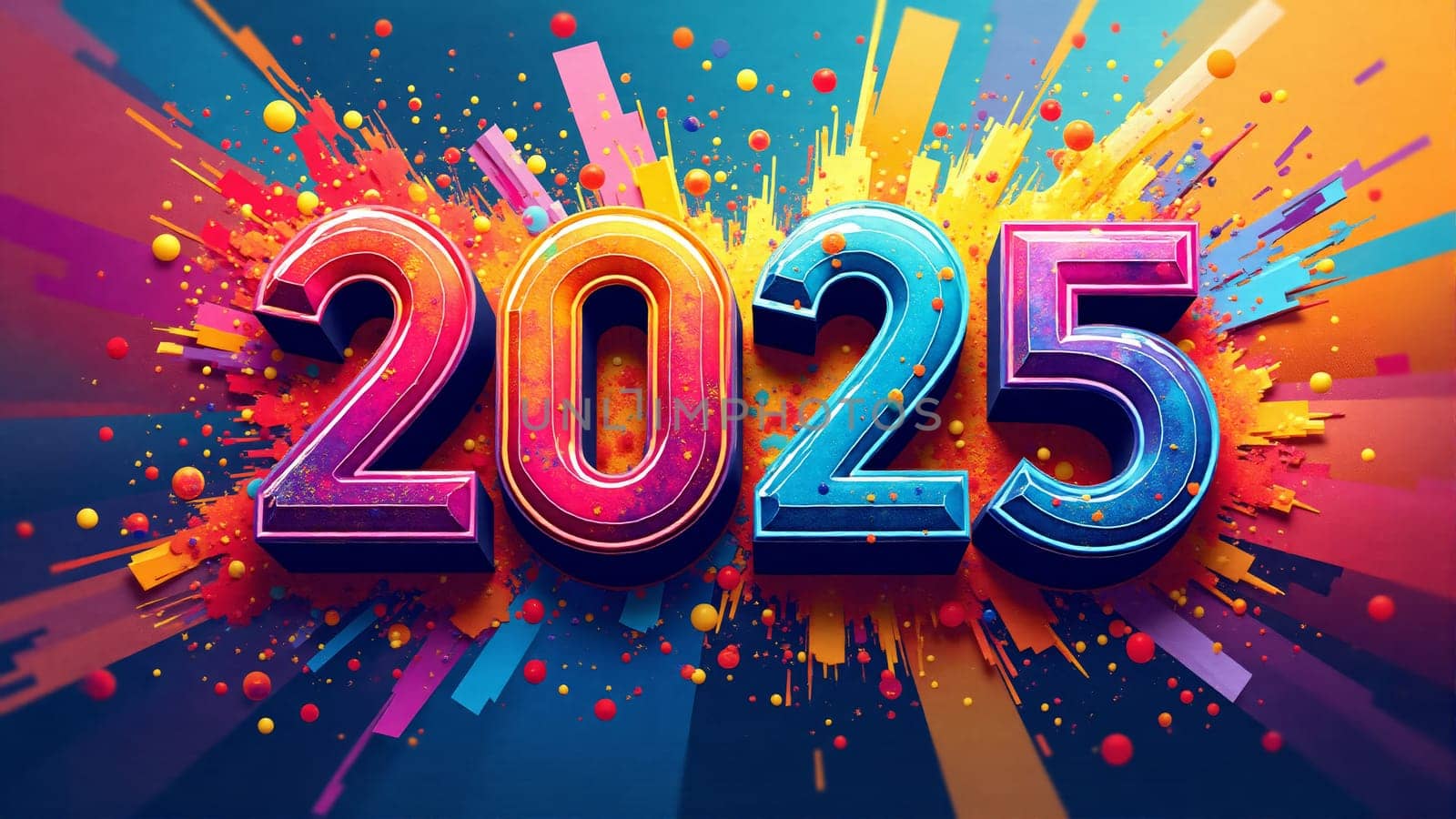 A colorful array of fireworks bursts around the bold number 2025, radiating excitement and joy for the new year. The lively hues create a celebratory atmosphere full of potential.