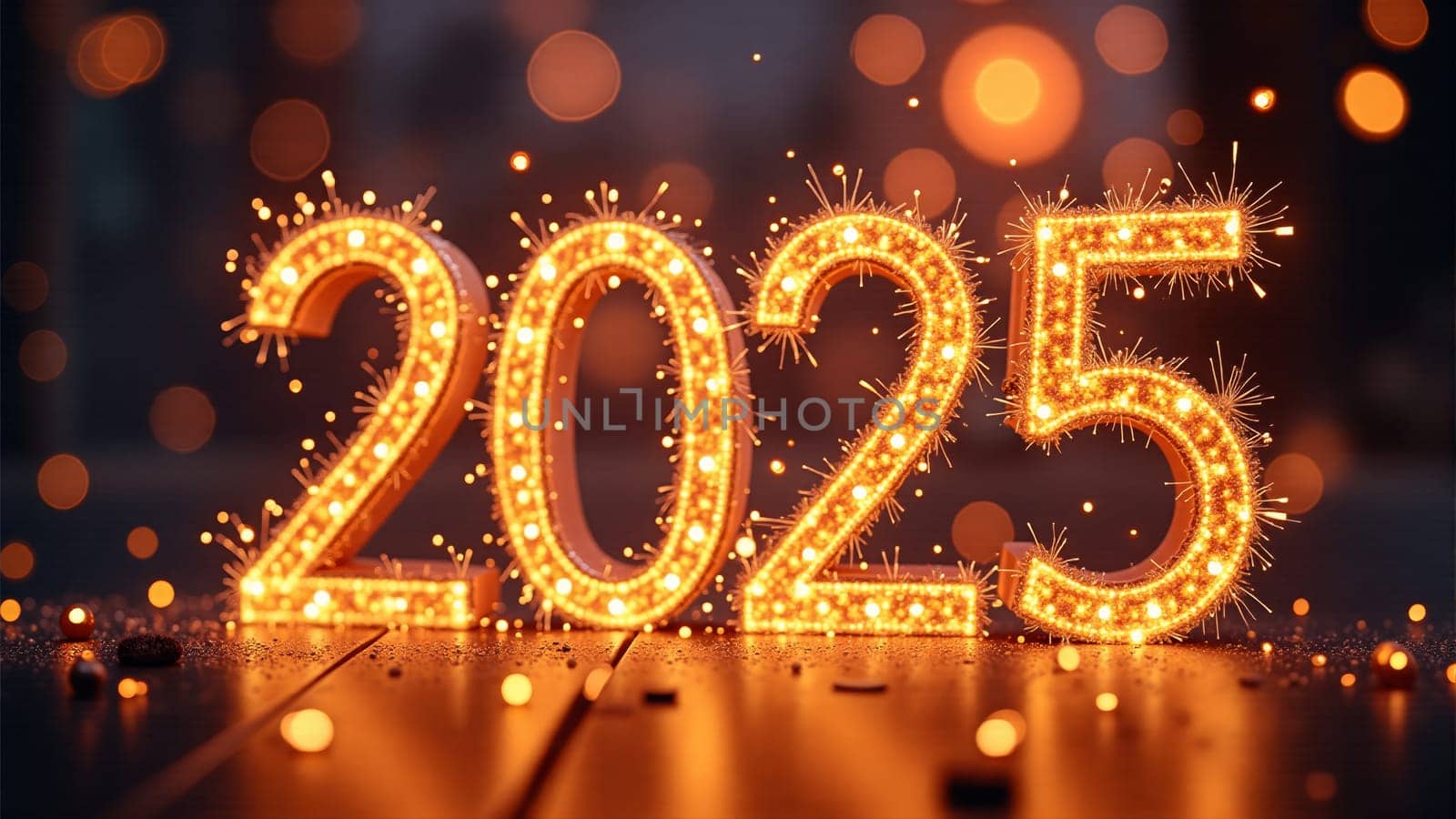 Glittering numbers shine brightly as they welcome the year 2025 amidst vibrant sparks and a twilight backdrop, capturing the joyous essence of a New Year's celebration full of hope.