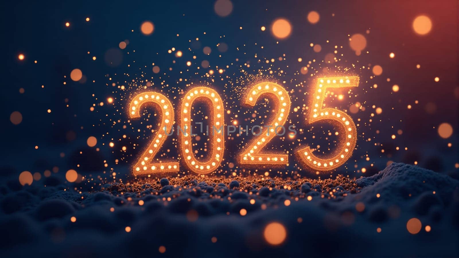 Amidst a soft bed of snow, shimmering numbers 2025 stand tall, adorned with a festive ornament, while warm lights twinkle and create a joyful ambiance, welcoming the upcoming year.