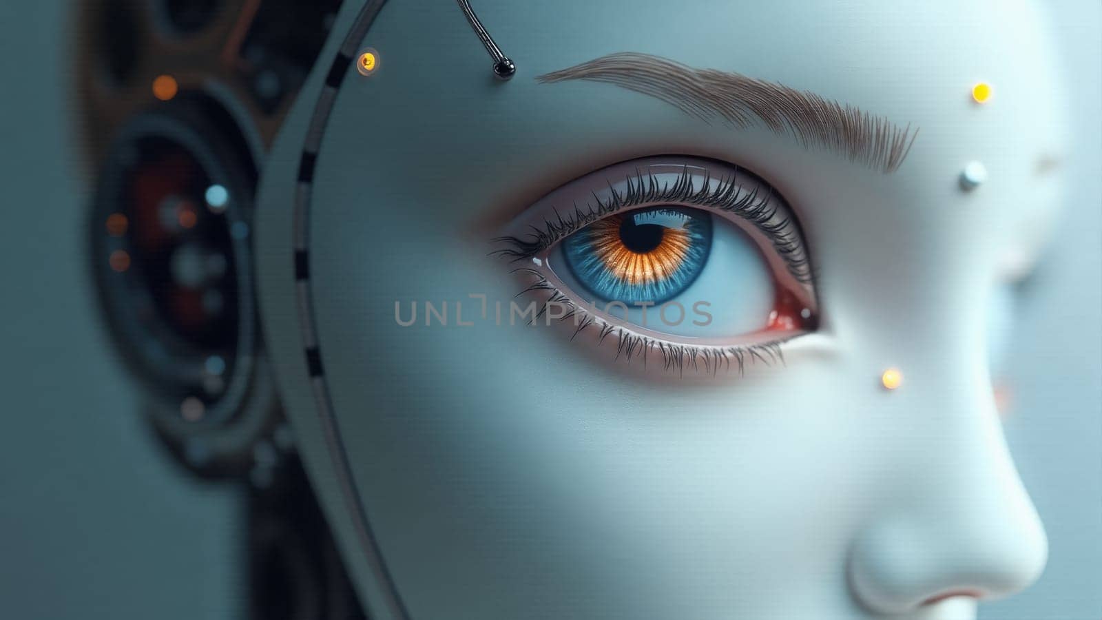 A robotic figure stands, showcasing an intricately designed face with a mesmerizing eye featuring vibrant blue and orange colors. The surrounding technology enhances its futuristic appearance.
