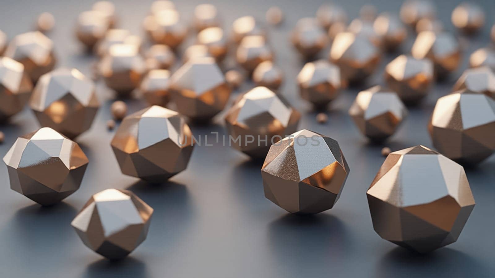 A variety of geometric shapes, including spheres, cones, and polyhedra, scattered across a smooth surface. Warm light highlights their metallic hues, adding depth and intrigue to the arrangement.