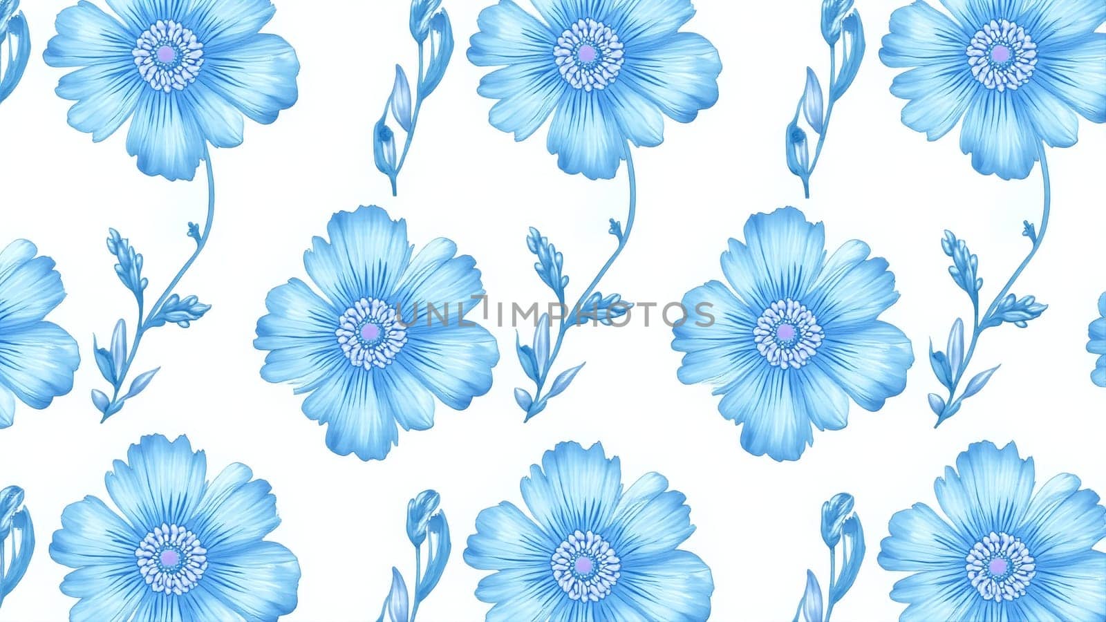 A captivating pattern showcases vibrant blue flowers intertwined with delicate stems, creating a serene and artistic atmosphere perfect for spring d cor or textile design.