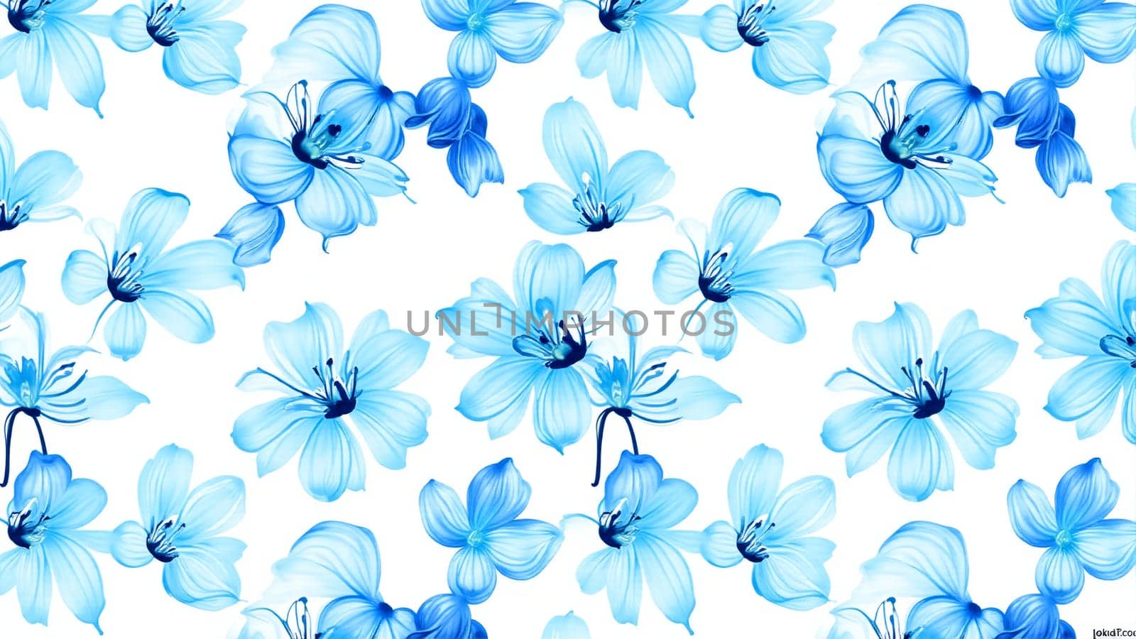 A captivating pattern showcases vibrant blue flowers intertwined with delicate stems, creating a serene and artistic atmosphere perfect for spring decor or textile design.