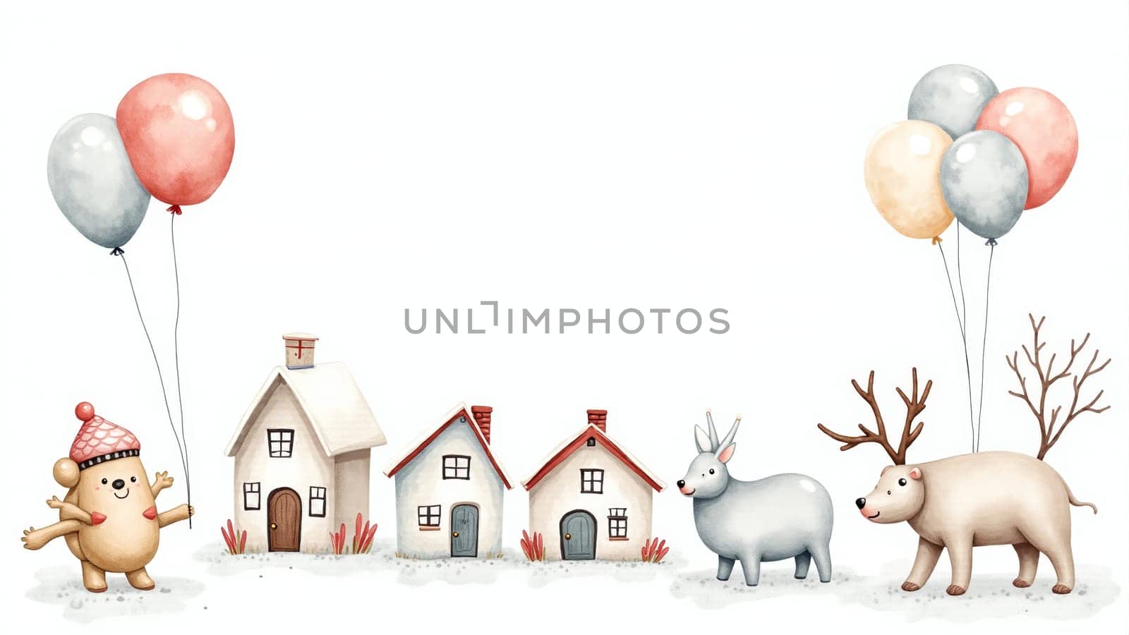 In a delightful village, pastel-colored bunnies gleefully hold balloons, bringing a sense of joy and whimsy. Each bunny stands next to a quaint little home, evoking a cheerful atmosphere.