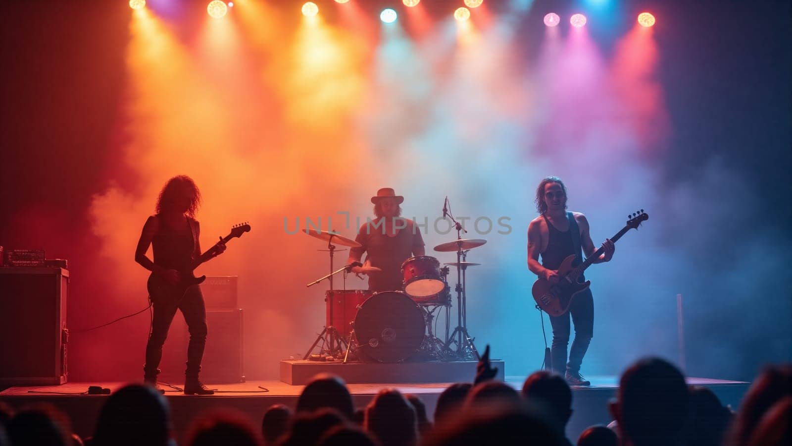 A three-member band captivates the audience with their electrifying performance, surrounded by colorful stage lights and a hazy atmosphere that enhances the energetic vibe of the night.