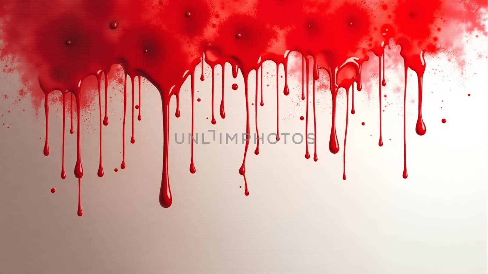Drips of vivid red paint cascade down a plain canvas, creating a striking contrast against the soft beige background, evoking emotions of intensity and passion in the viewer.