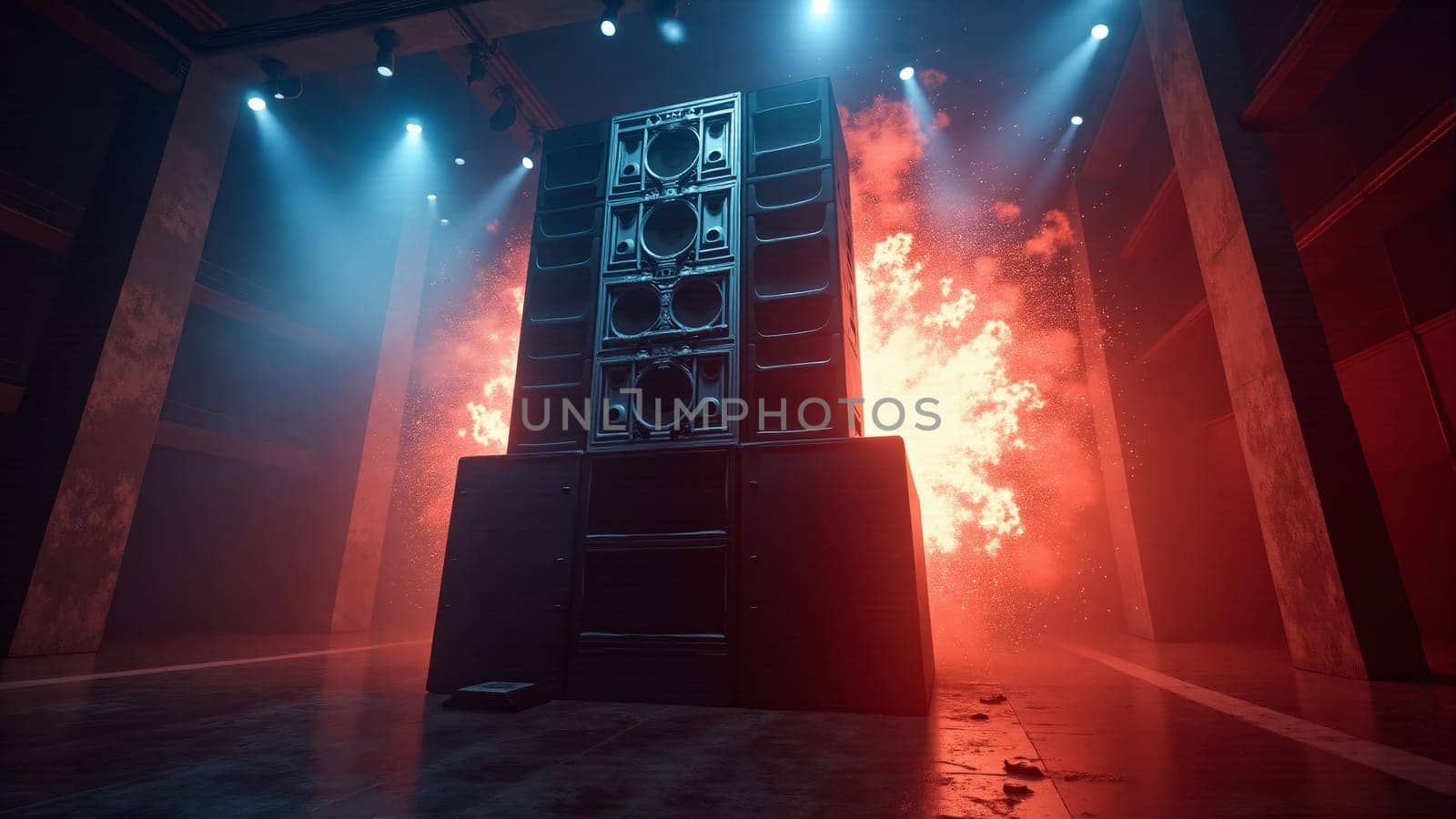 A towering arrangement of powerful speakers stands at the center of a lively venue, glowing with striking lights. The electrifying atmosphere promises an unforgettable musical experience.