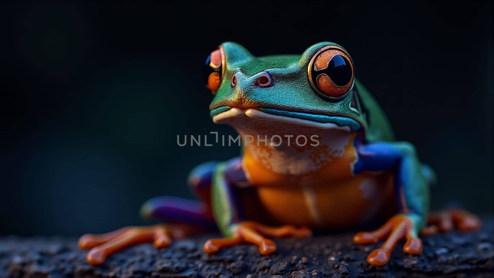 A stunning green tree frog sits on a branch, its colorful skin shimmering in the low light of twilight. The dark rainforest backdrop highlights its vibrant hues in a captivating moment of nature.