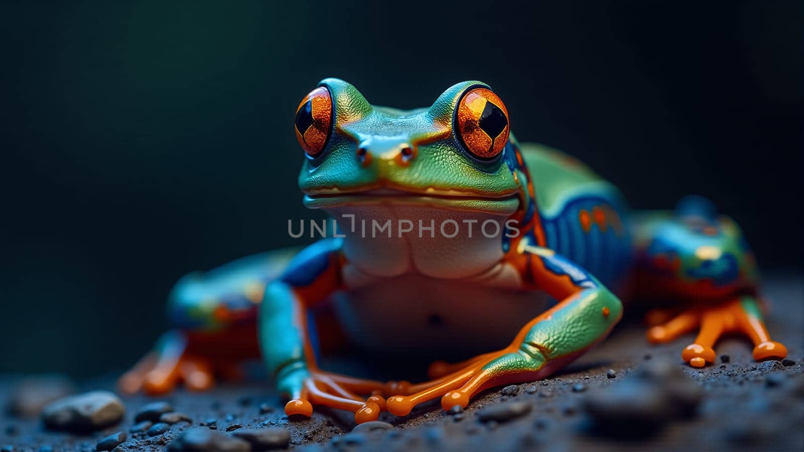 A stunning green tree frog sits on a branch, its colorful skin shimmering in the low light of twilight. The dark rainforest backdrop highlights its vibrant hues in a captivating moment of nature.