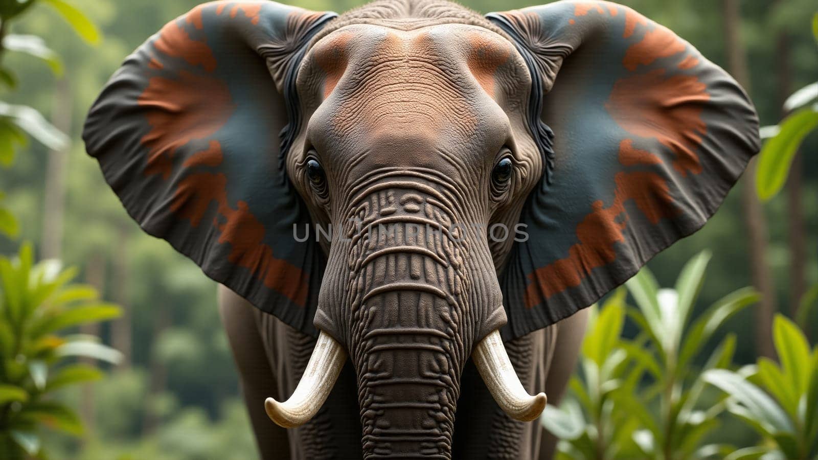 An elephant stands gracefully amidst vibrant greenery, displaying stunning floral patterns painted on its forehead, symbolizing harmony with nature and cultural significance.