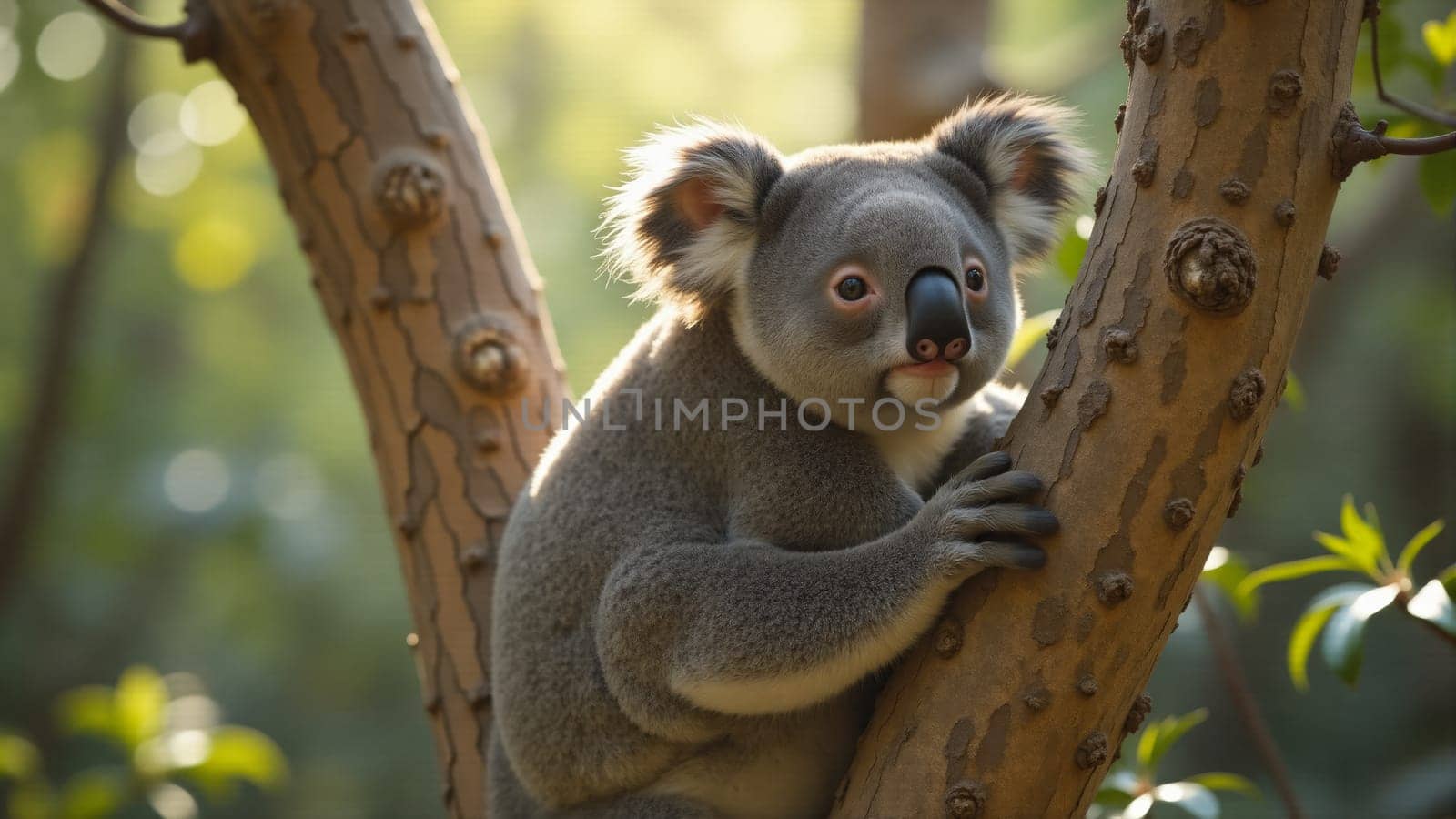Nestled in the embrace of a sturdy tree, a koala appears inquisitive, surrounded by lush greenery. Sunlight filters through the leaves, creating a serene atmosphere in the sanctuary.