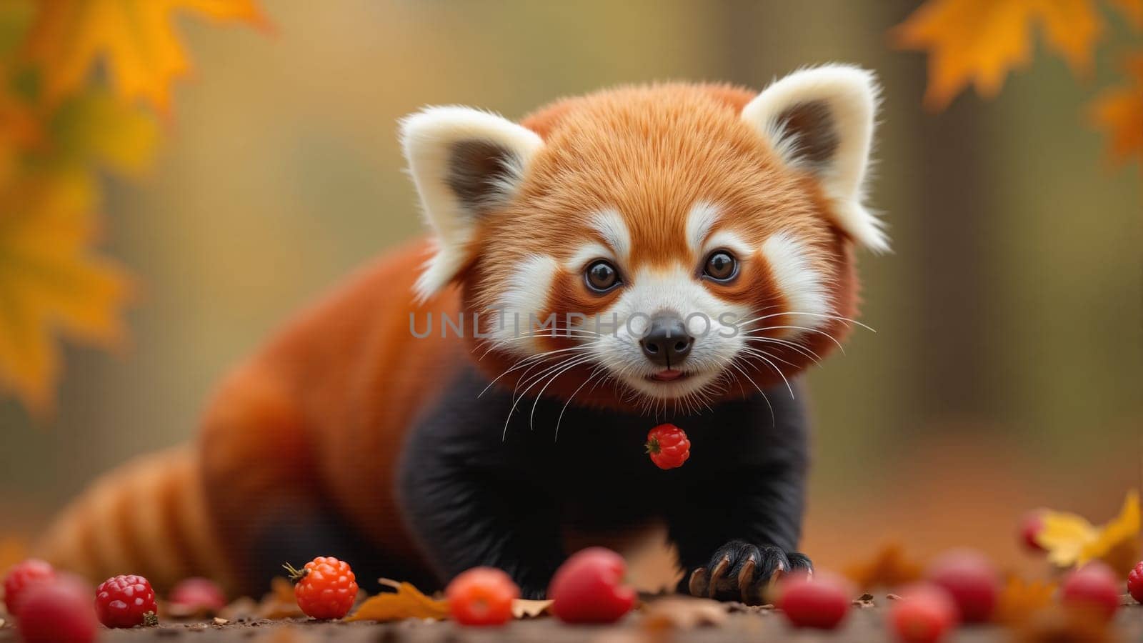 In a vibrant autumn forest, a curious red panda is seen playfully collecting bright red berries while surrounded by a carpet of colorful fallen leaves, capturing the essence of the season.