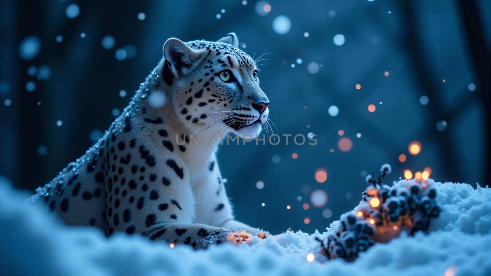 Under a soft blanket of snow, a snow leopard gazes into the distance.