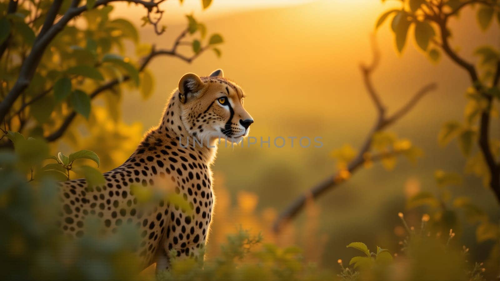 A beautiful cheetah quietly watches the stunning sunset over the African savanna, surrounded by lush greenery and vibrant flowers. The warm light enhances the tranquil atmosphere.