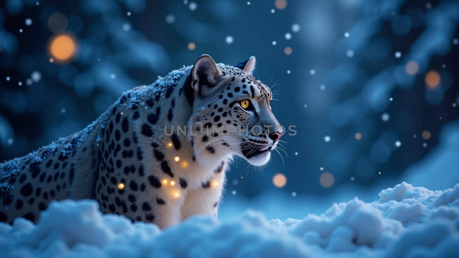 Under a soft blanket of snow, a snow leopard gazes into the distance.