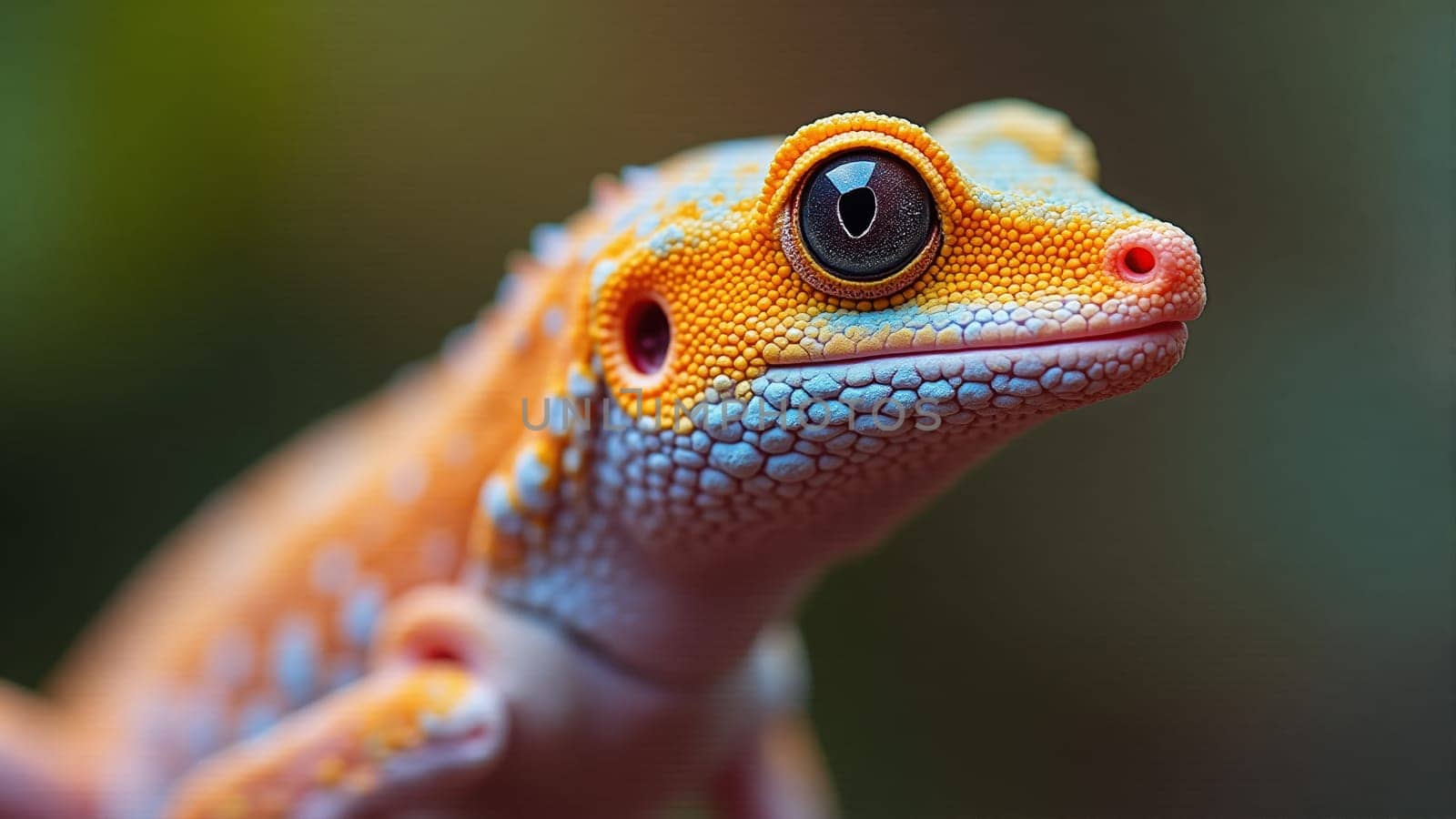 A striking gecko with vibrant orange and blue patterns moves gracefully over a textured surface. Its large eye reflects curiosity in a warm, natural environment, surrounded by greenery.