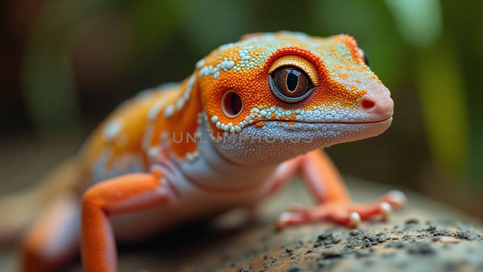 A striking gecko with vibrant orange and blue patterns moves gracefully over a textured surface. Its large eye reflects curiosity in a warm, natural environment, surrounded by greenery.