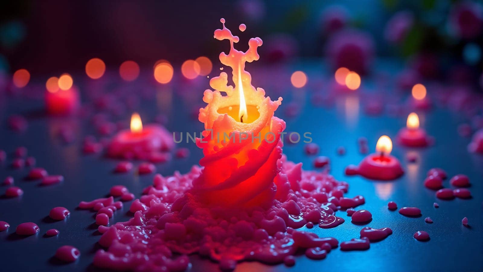The soft glow of a pink candle illuminates the dim surroundings as vibrant wax drips decorate the table. A tranquil ambiance envelops the space, creating warmth and serenity.