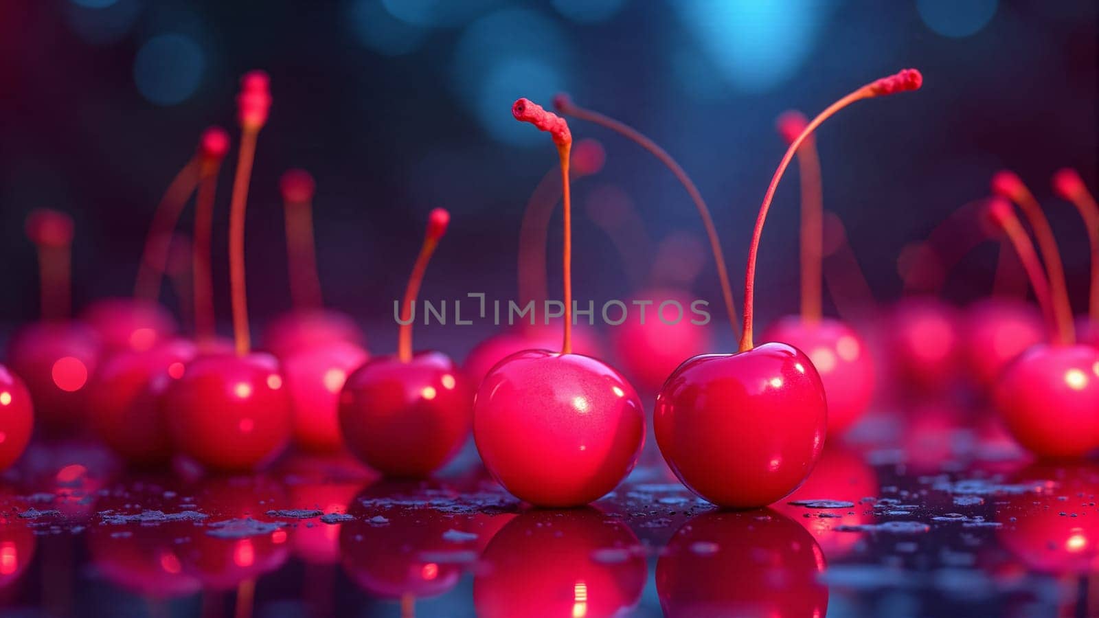 Juicy red cherries rest among scattered flower petals, illuminated by a soft pink glow, creating a serene and inviting atmosphere. The arrangement suggests a moment of sweet indulgence.